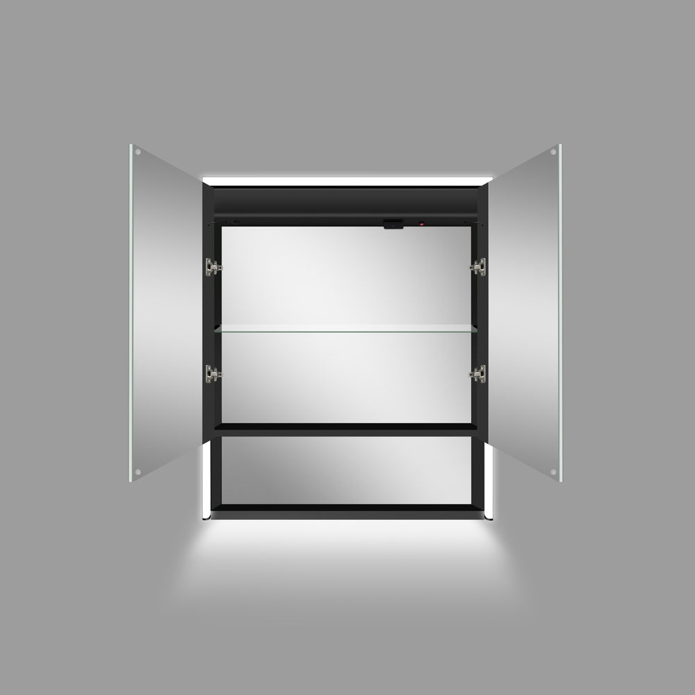 Nebbiolo Steam Free Bathroom Mirror Cabinet with Open Shelf 600x700mm - Matt Black