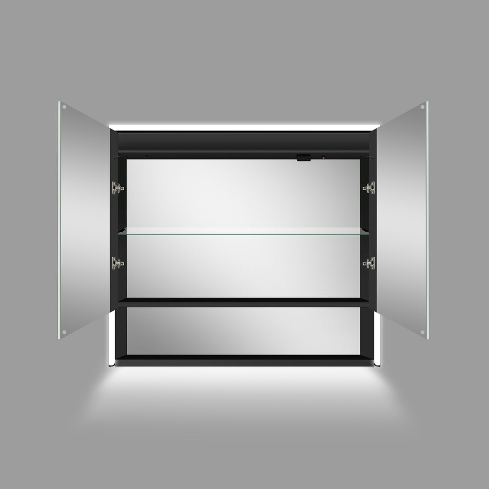 Nebbiolo Steam Free Double Door Mirror Cabinet with Open Shelf 800x700mm - Matt Black