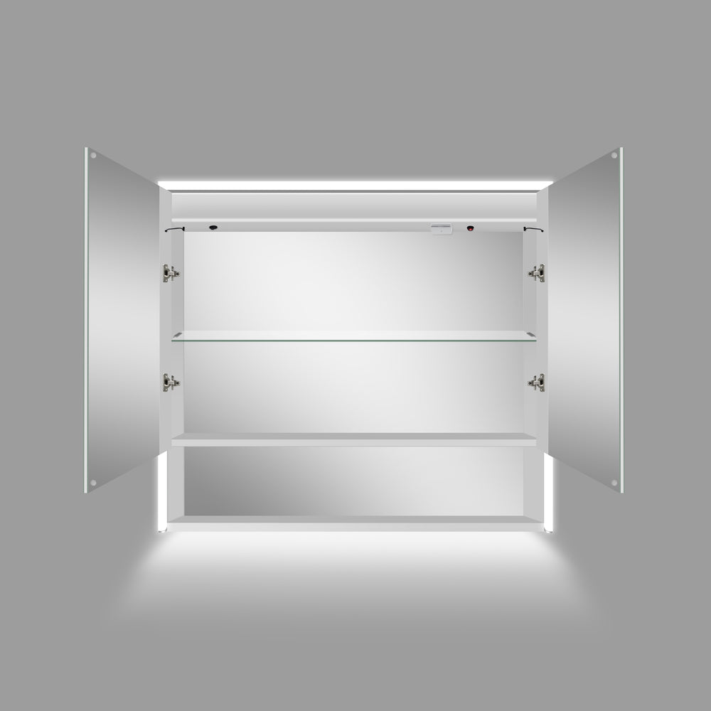 Nebbiolo Steam Free Double Door Mirror Cabinet with Open Shelf 800x700mm - Aluminium