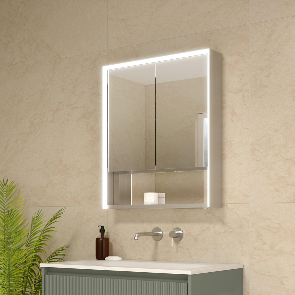 Nebbiolo Steam Free Aluminium Bathroom Mirror Cabinet with Open Shelf 600x700mm