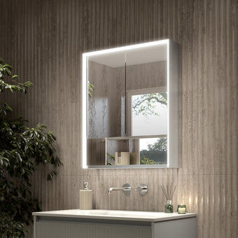 Nebbiolo Steam Free Bathroom Mirror Cabinet with Open Shelf 600x700mm - Aluminium