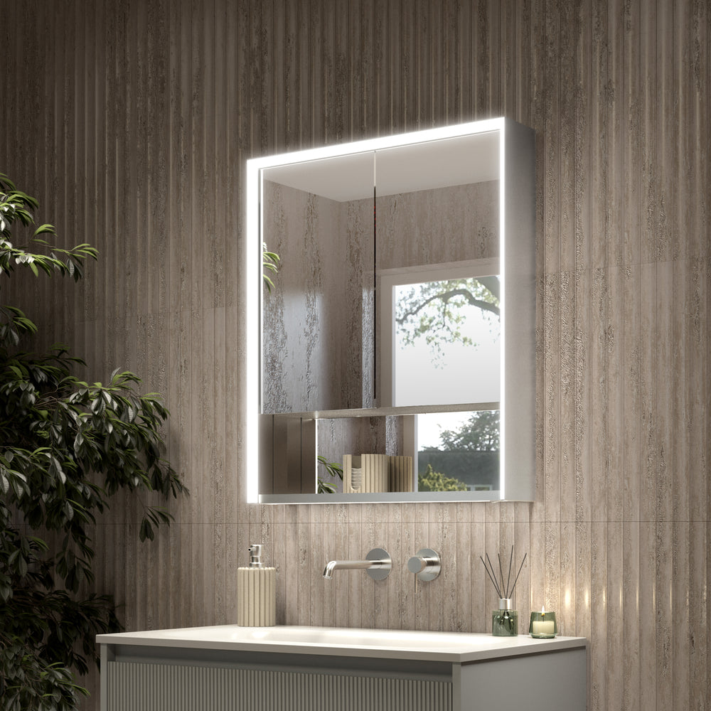 Nebbiolo Steam Free Aluminium Bathroom Mirror Cabinet with Open Shelf 600x700mm