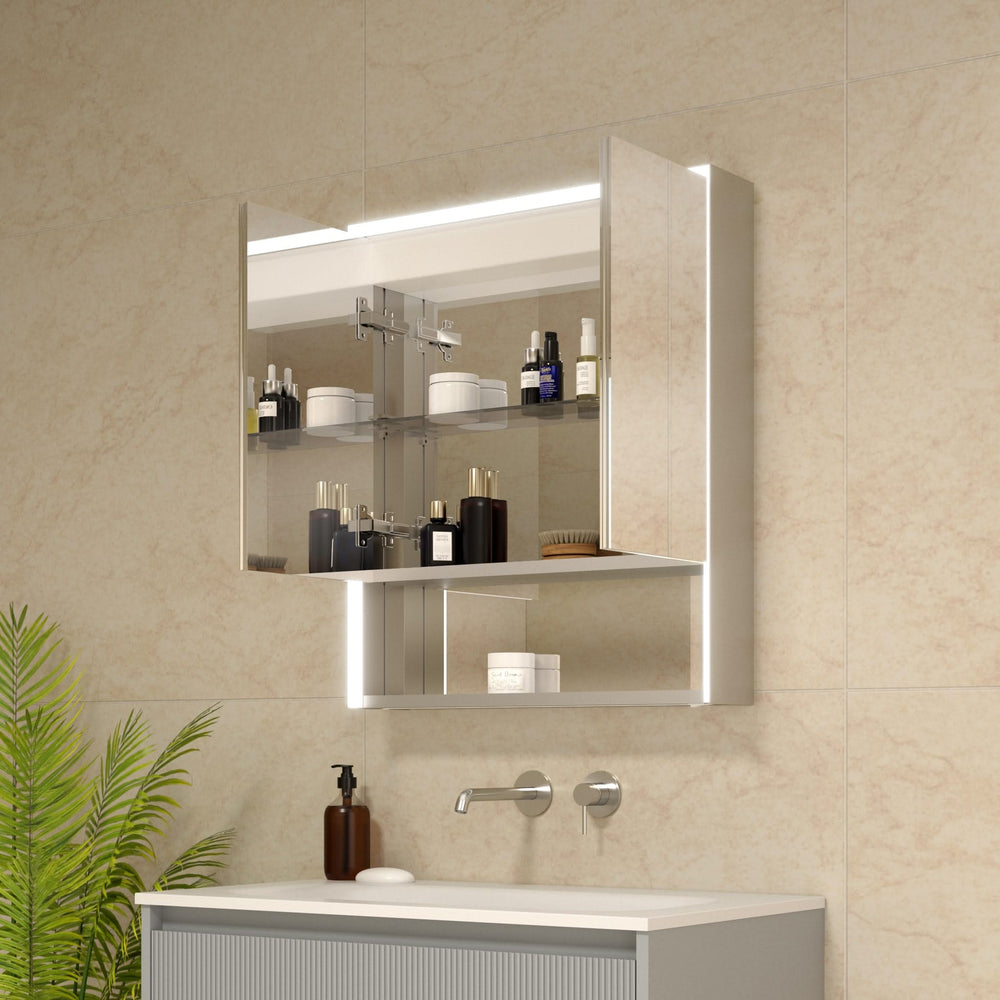 Nebbiolo Steam Free Aluminium Bathroom Mirror Cabinet with Open Shelf 600x700mm