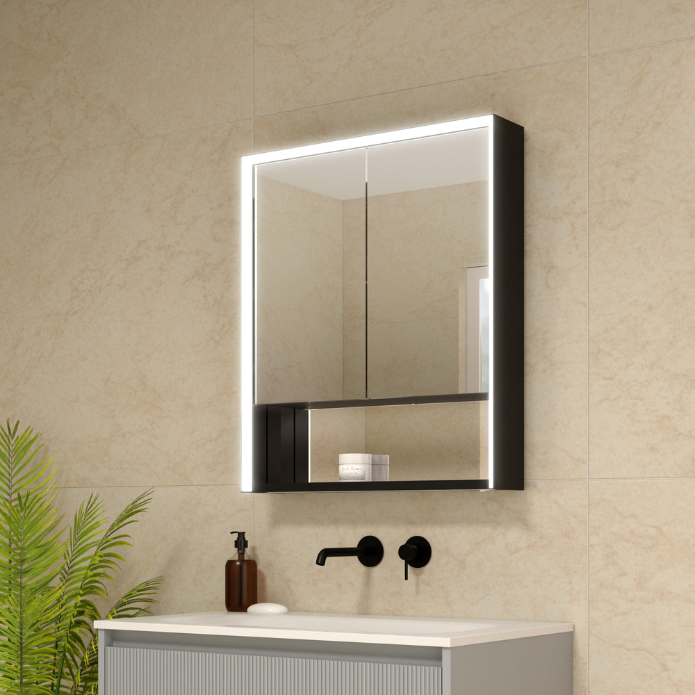 Nebbiolo Steam Free Matt Black Bathroom Mirror Cabinet with Open Shelf 600x700mm