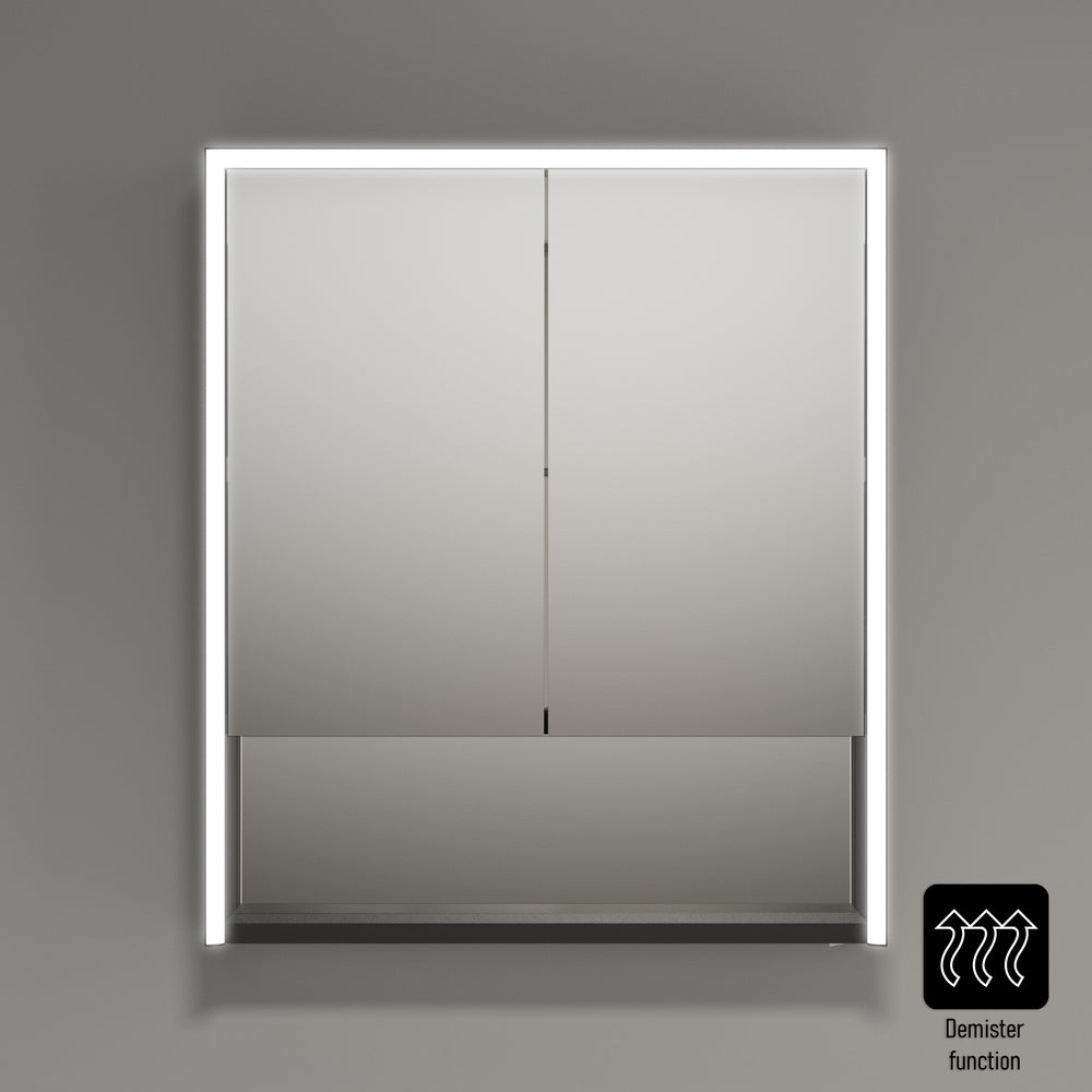 Nebbiolo Steam Free Matt Black Bathroom Mirror Cabinet with Open Shelf 600x700mm