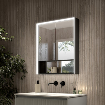 Nebbiolo Steam Free Matt Black Bathroom Mirror Cabinet with Open Shelf 600x700mm