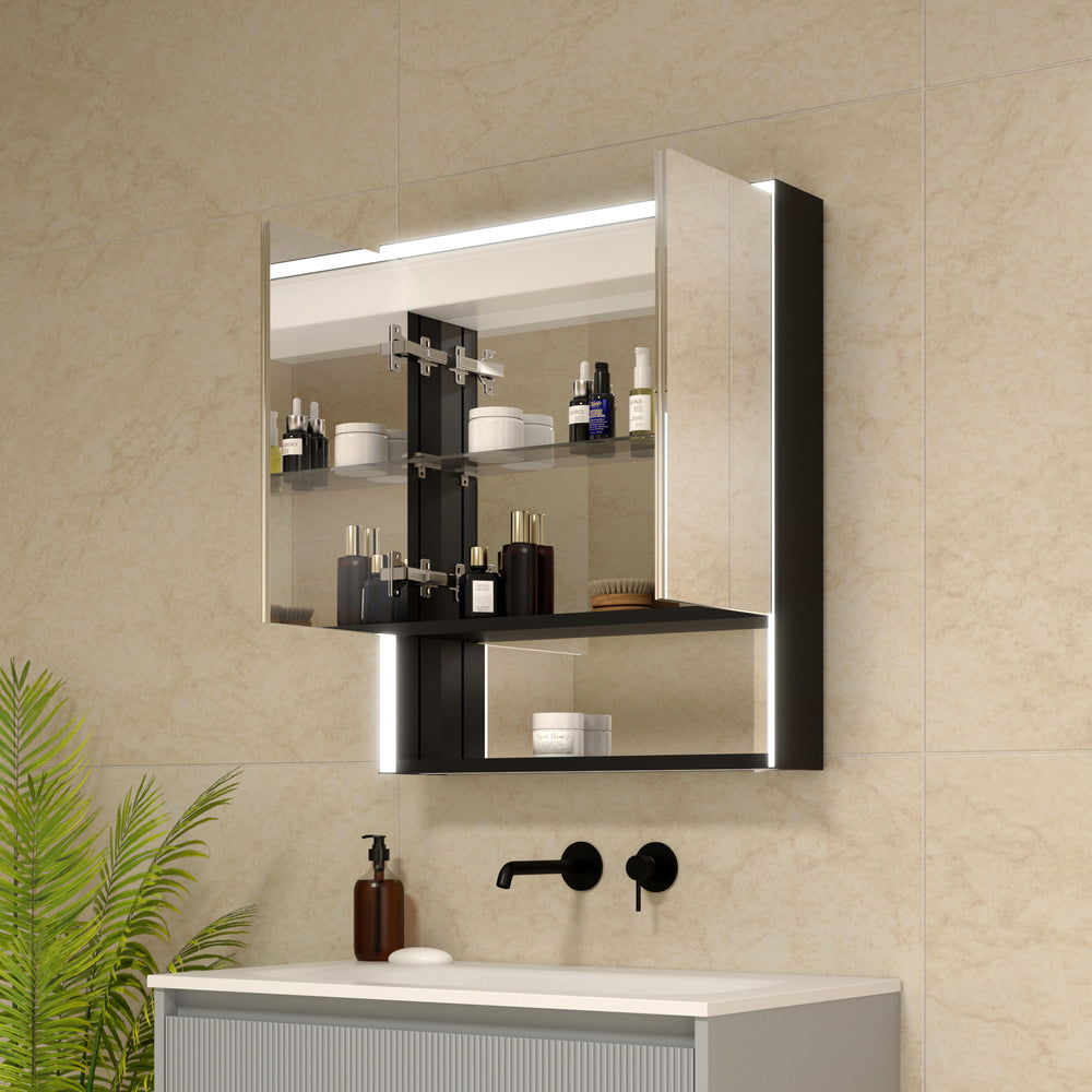Nebbiolo Steam Free Matt Black Bathroom Mirror Cabinet with Open Shelf 600x700mm