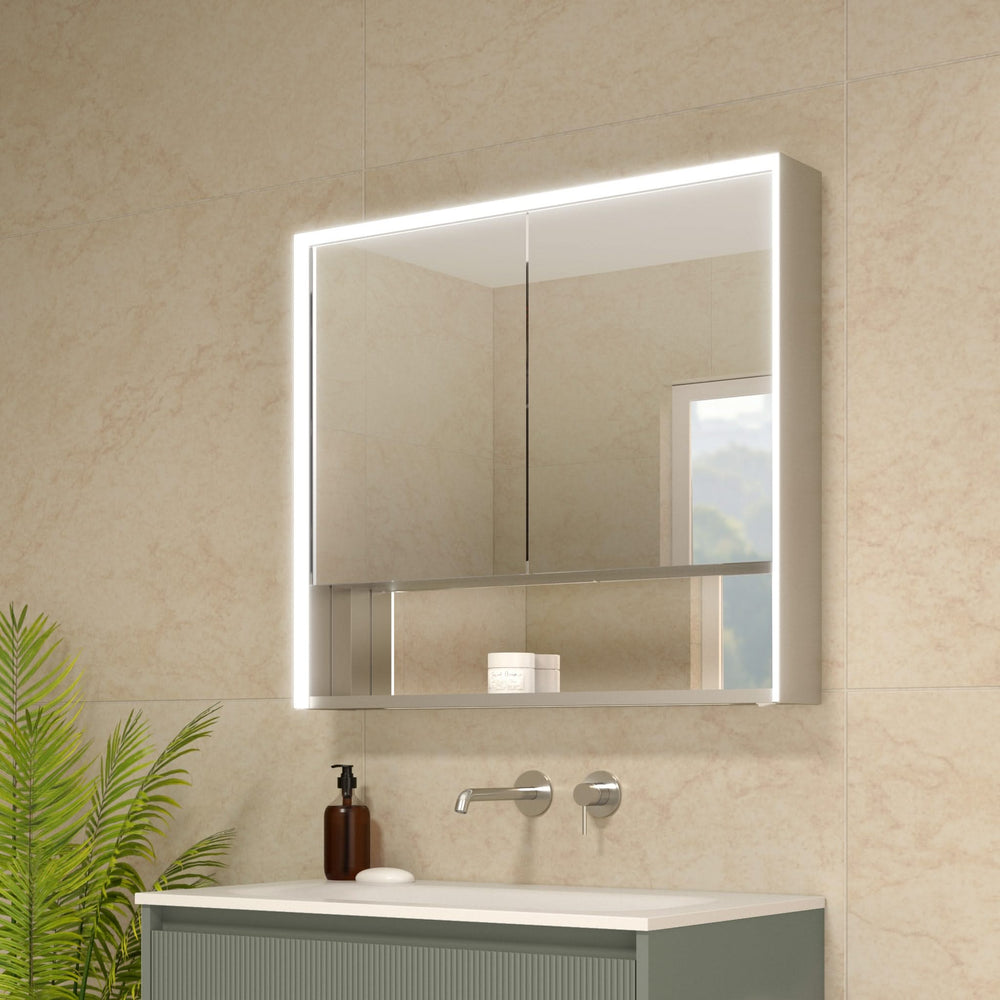 Nebbiolo Steam Free Aluminium Double Door Mirror Cabinet with Open Shelf 800x700mm