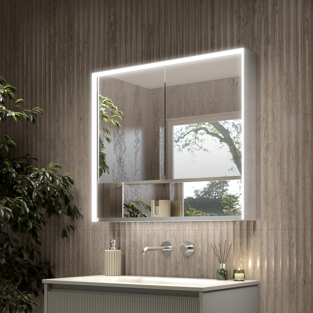 Nebbiolo Steam Free Aluminium Double Door Mirror Cabinet with Open Shelf 800x700mm