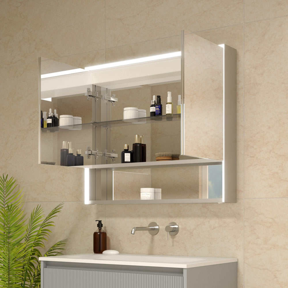 Nebbiolo Steam Free Aluminium Double Door Mirror Cabinet with Open Shelf 800x700mm