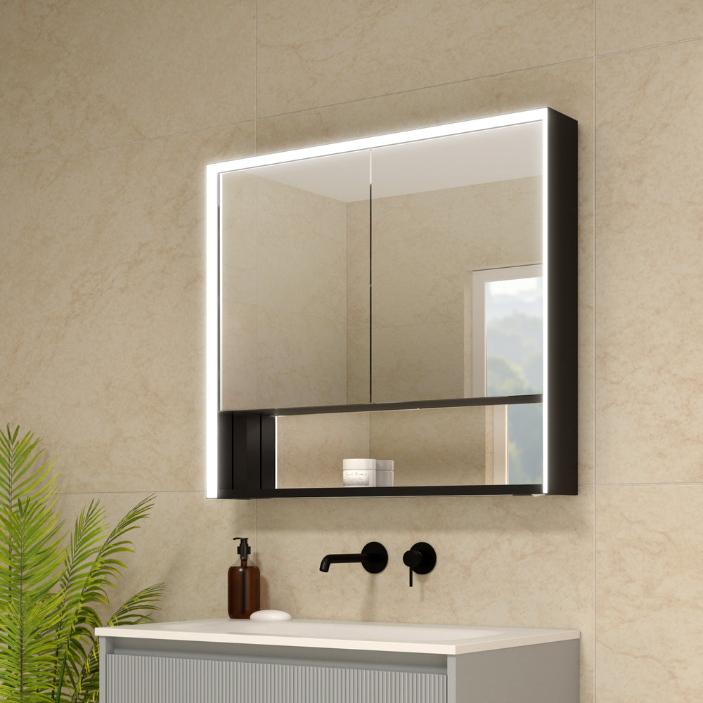 Nebbiolo Steam Free Matt Black Double Door Mirror Cabinet with Open Shelf 800x700mm