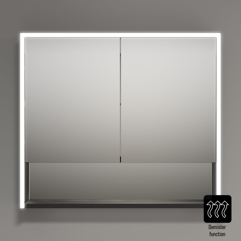 Nebbiolo Steam Free Matt Black Double Door Mirror Cabinet with Open Shelf 800x700mm