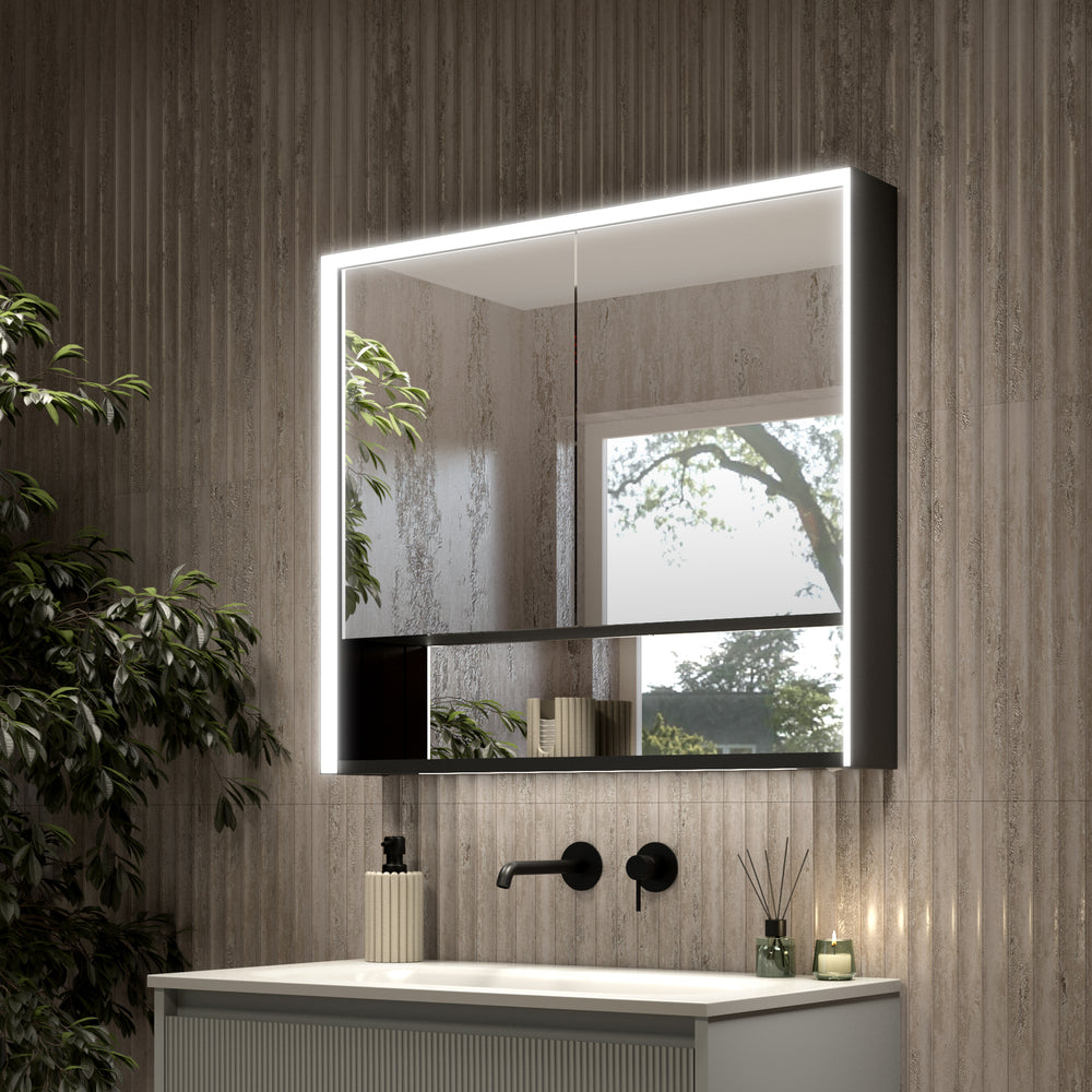 Nebbiolo Steam Free Matt Black Double Door Mirror Cabinet with Open Shelf 800x700mm