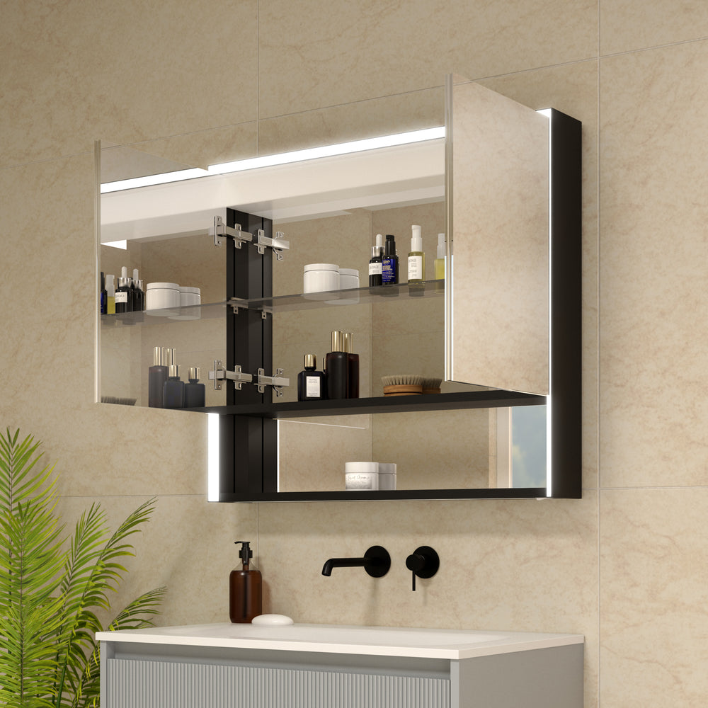 Nebbiolo Steam Free Matt Black Double Door Mirror Cabinet with Open Shelf 800x700mm