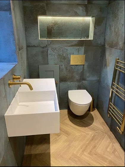 Primo Dolce Wall Hung Spiralflush Toilet, Concealed Frame Cistern And Brushed Brass Effect Flush Plate