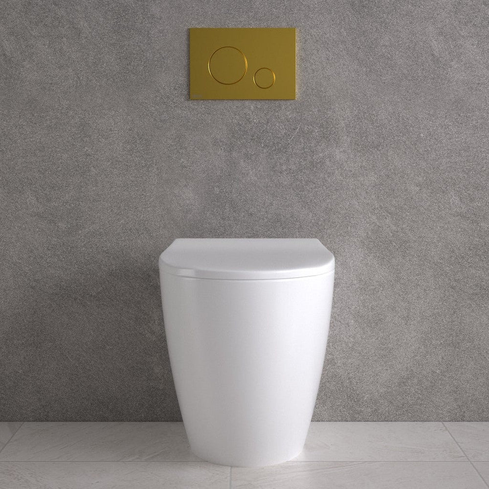 Primo Dolce Back To Wall Rimless Toilet With Concealed Cistern Frame & Brushed Brass Flush Plate