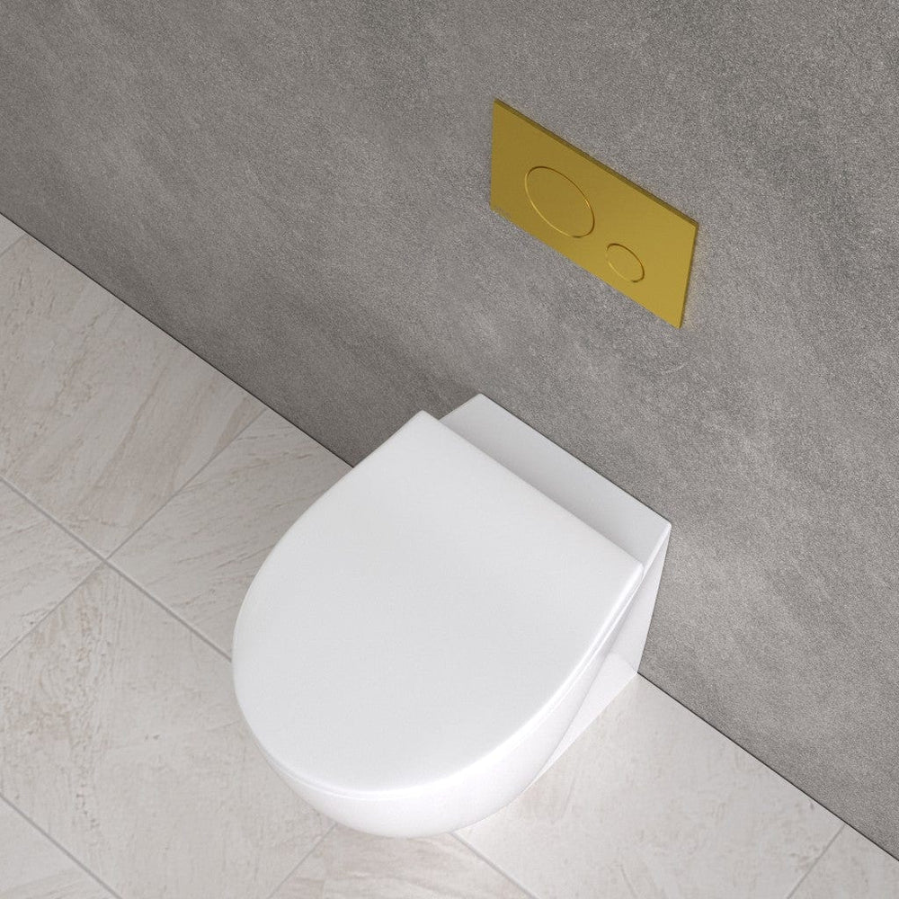 Primo Dolce Back To Wall Rimless Toilet With Concealed Cistern Frame & Brushed Brass Flush Plate