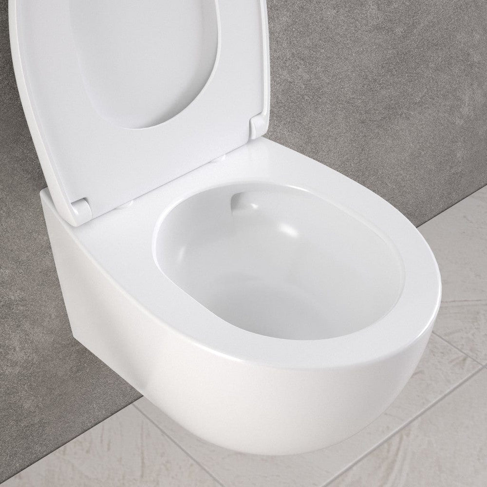 Primo Dolce Wall Hung Rimless Toilet, With Concealed Cistern Frame & Brushed Brass Effect Flush Plate