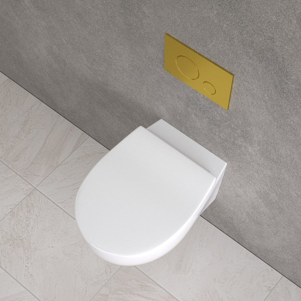 Primo Dolce Wall Hung Rimless Toilet, With Concealed Cistern Frame & Brushed Brass Effect Flush Plate