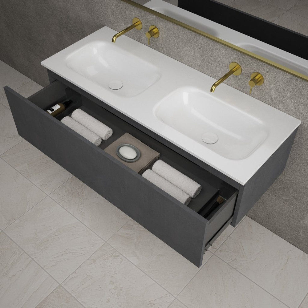 Raffinata One Drawer Vanity Unit With Beyondstone Double Basin - Dark Concrete 1200mm