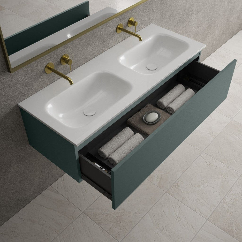 Raffinata One Drawer Vanity Unit With Beyondstone Double Basin - Matt Dark Green 1200mm