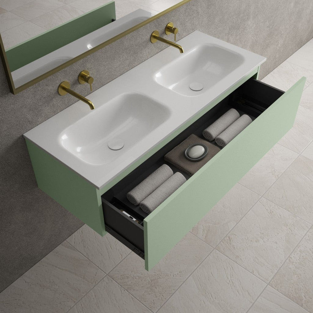 Raffinata One Drawer Vanity Unit With Beyondstone Double Basin - Matt Light Green 1200mm