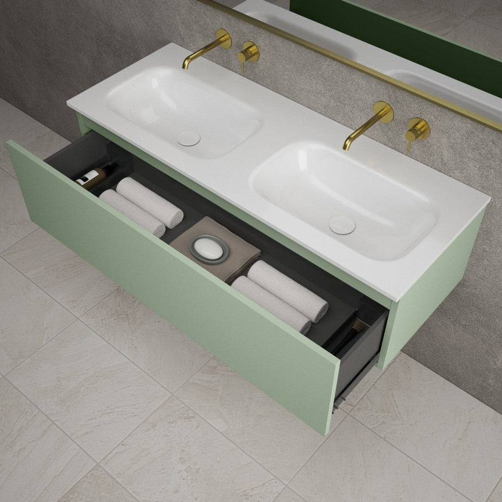 Raffinata One Drawer Vanity Unit With Beyondstone Double Basin - Matt Light Green 1200mm