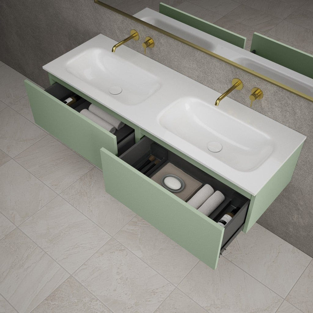 Raffinata Two Drawer Vanity Unit With Beyondstone Double Basin - Matt Light Green 1400mm