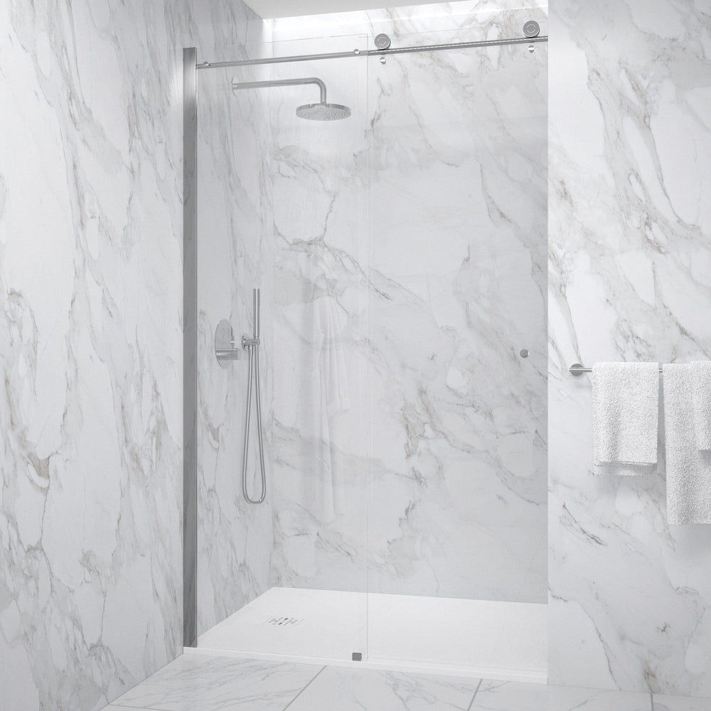 A sliding shower door installation in a bathroom with marble walls, a shower head, and a towel rack.