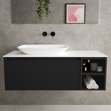 Scanalato Single Drawer Countertop Vanity Unit With Open Storage Space - Pure Black 1200mm