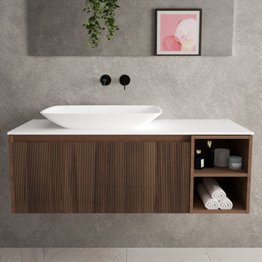 Scanalato Single Drawer Countertop Vanity Unit With Open Storage Space - Walnut 1200mm
