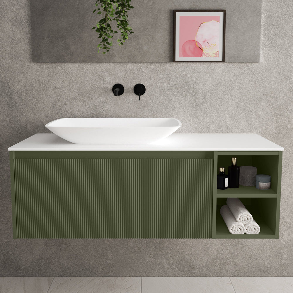 Scanalato Single Drawer Countertop Vanity Unit With Open Storage Space - Seaweed 1200mm