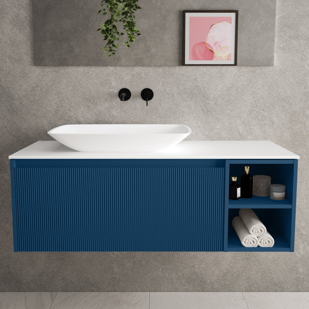 Scanalato Single Drawer Countertop Vanity Unit With Open Storage Space - Ocean Blue 1200mm