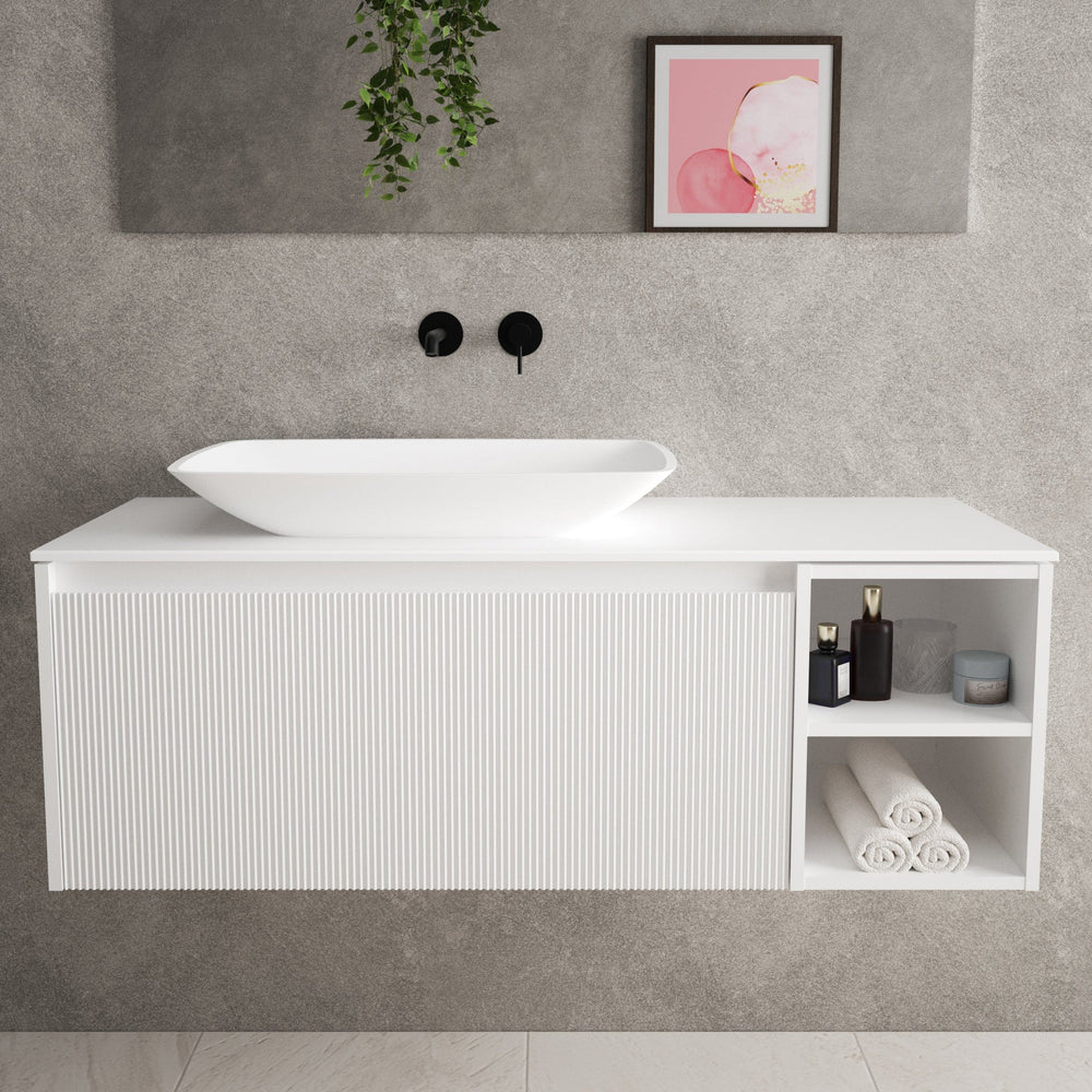 Scanalato Single Drawer Countertop Vanity Unit With Open Storage Space - Pure White 1200mm