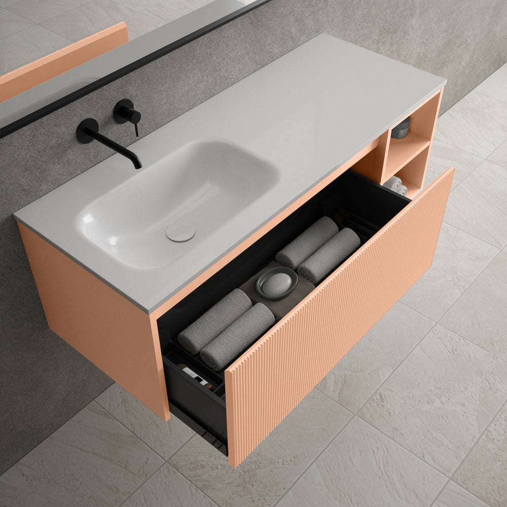 Scanalato Single Drawer Vanity Unit With Open Storage Space And Left Hand Beyondstone Basin - Peach Fuzz 1200mm
