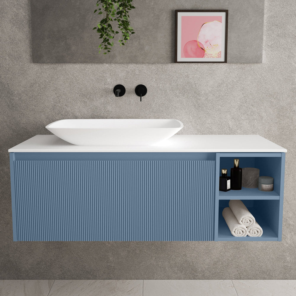 Scanalato Single Drawer Countertop Vanity Unit With Open Storage Space - Soft Blue 1200mm