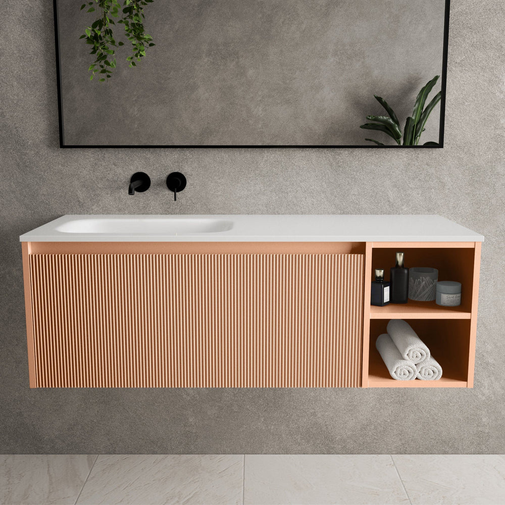 Scanalato Single Drawer Vanity Unit With Open Storage Space And Left Hand Beyondstone Basin - Peach Fuzz 1200mm