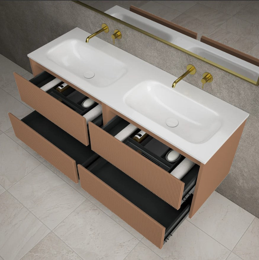 Scanalato Four Drawer Vanity Unit With Beyondstone Double Basin - Mocha Mousse 1200mm