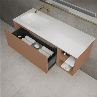 Scanalato Single Drawer Vanity Unit With Open Storage Space And Left Hand Beyondstone Basin - Mocha Mousse 1200mm