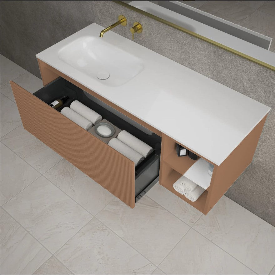 Scanalato Single Drawer Vanity Unit With Open Storage Space And Beyondstone Basin - Mocha Mousse 1200mm