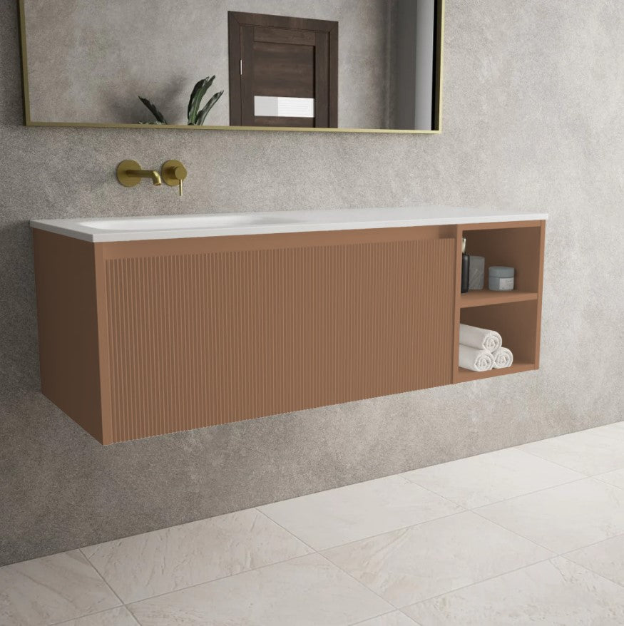 Scanalato Single Drawer Vanity Unit With Open Storage Space And Beyondstone Basin - Mocha Mousse 1200mm