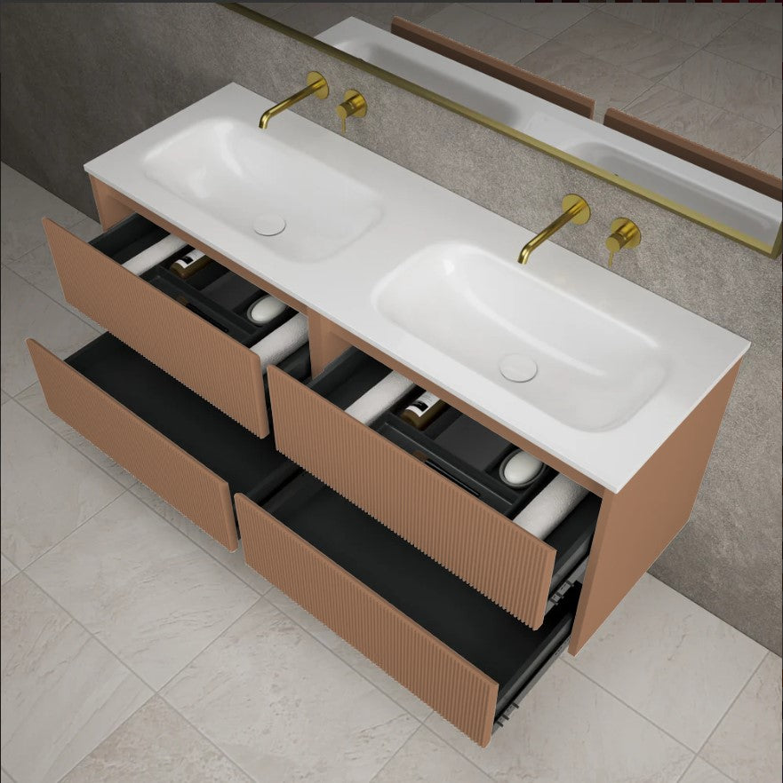 Scanalato Four Drawer Vanity Unit With Beyondstone Double Basin - Mocha Mousse 1400mm