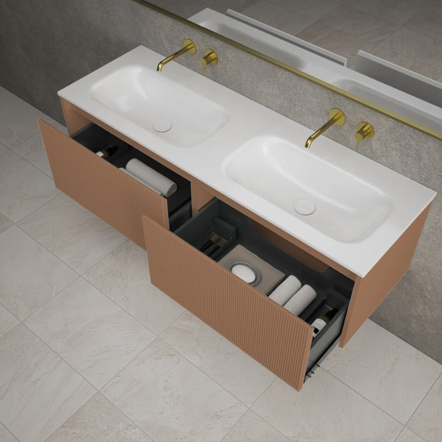 Scanalato Double Drawer Vanity Unit With Beyondstone Double Basin - Mocha Mousse 1400mm