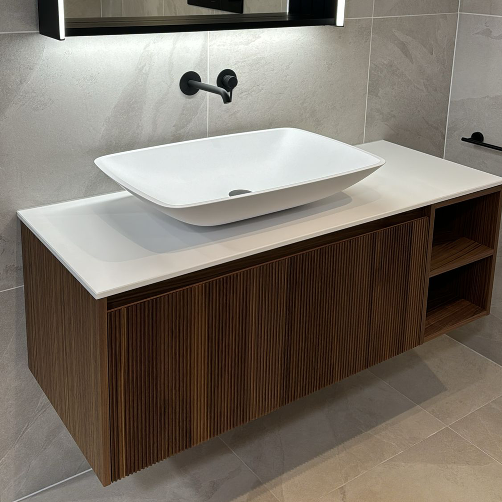 Scanalato Single Drawer Countertop Vanity Unit With Open Storage Space - Walnut 1200mm