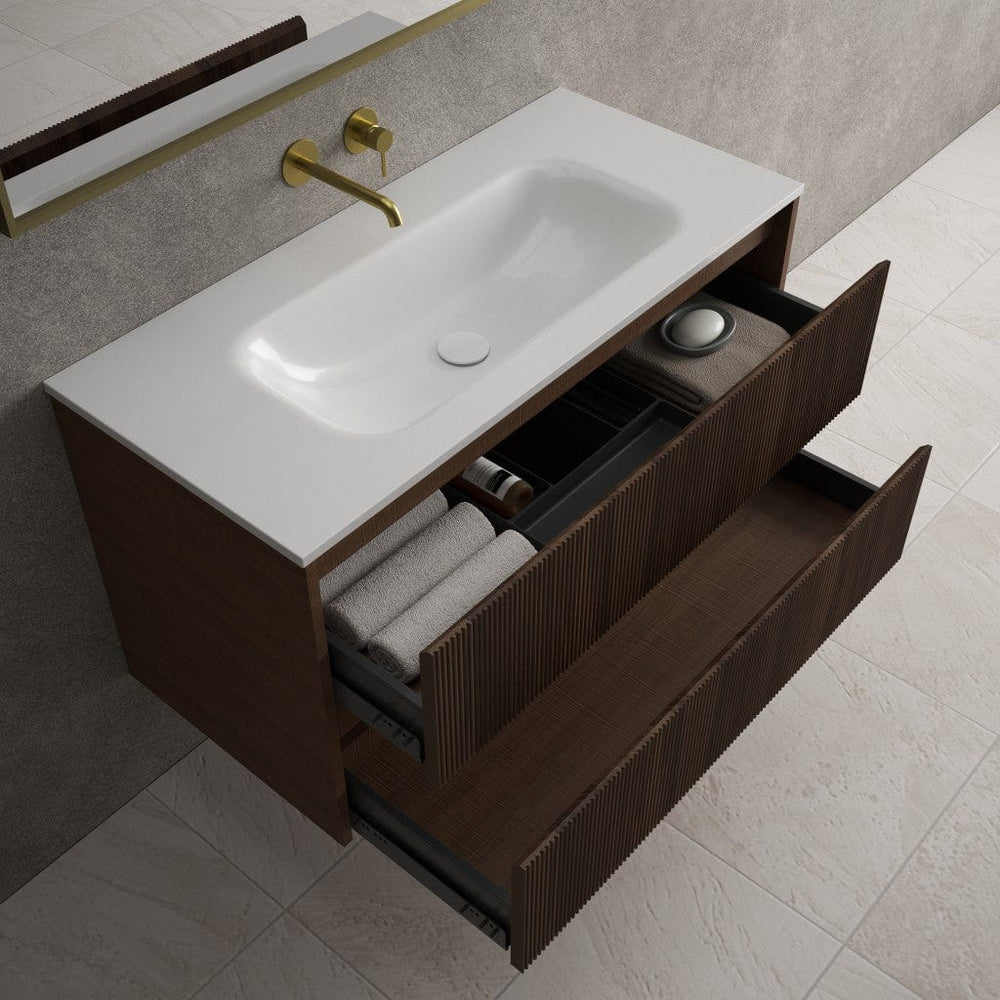 Scanalato Double Drawer Vanity Unit  With Beyondstone Basin - Walnut 1000mm