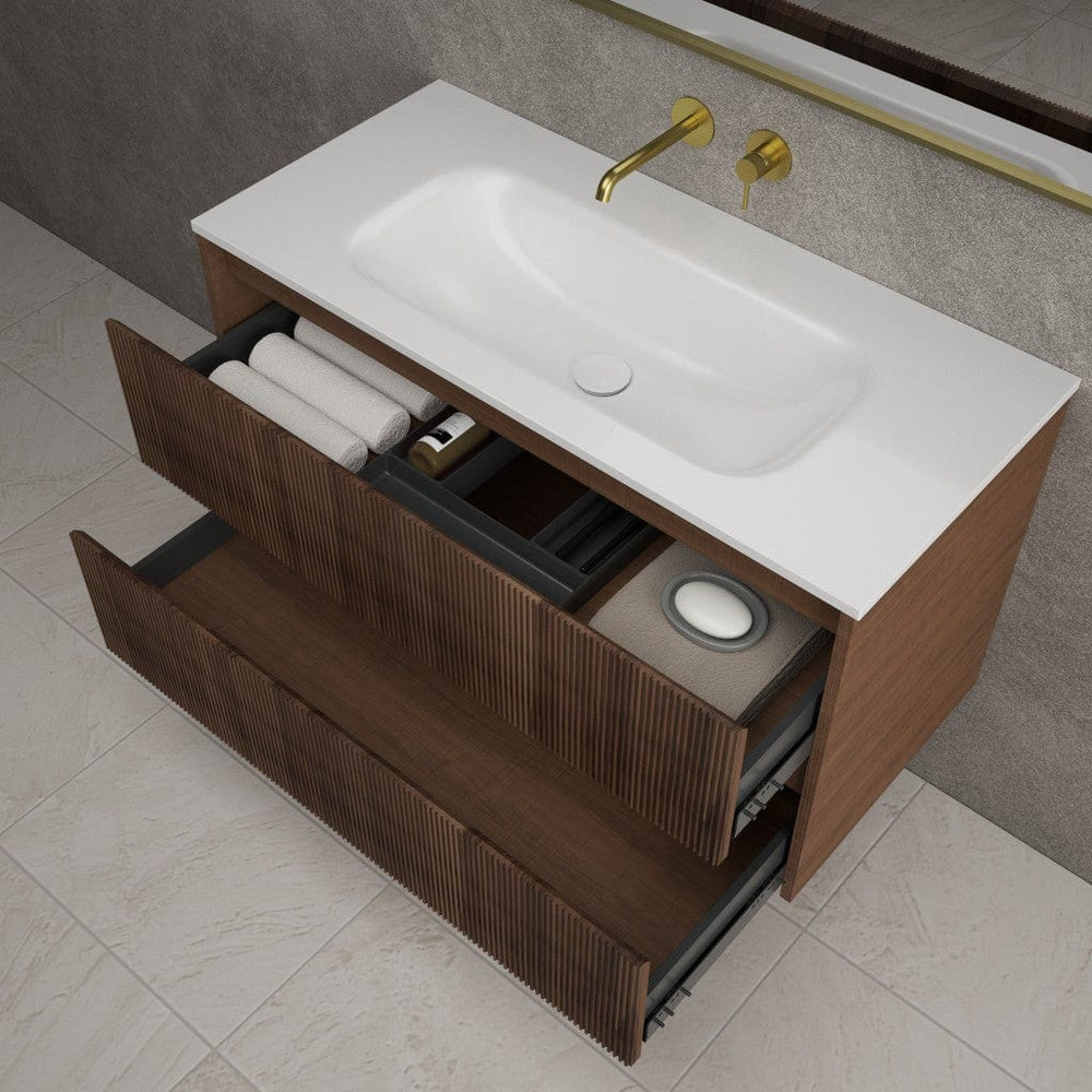 Scanalato Double Drawer Vanity Unit  With Beyondstone Basin - Walnut 1000mm