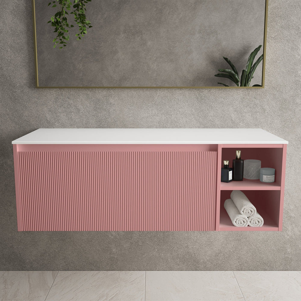 Scanalato Single Drawer Countertop Vanity Unit With Open Storage Space - Dusky Pink 1200mm