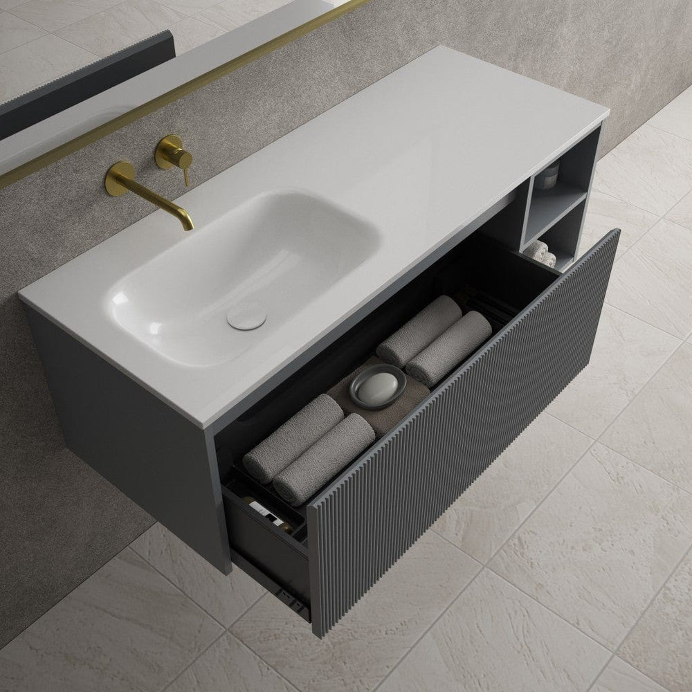 Scanalato Single Drawer Vanity Unit With Open Storage Space And Beyondstone Basin - Dove Grey 1200mm