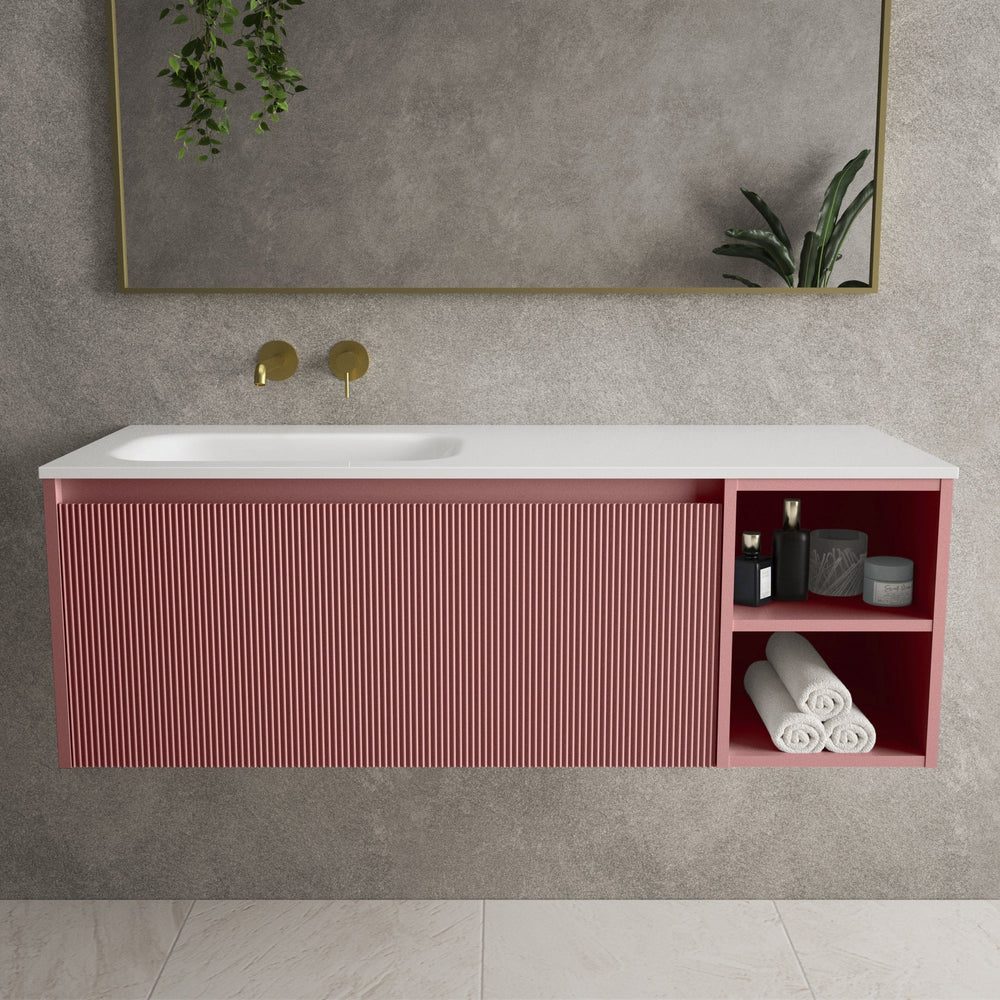 Scanalato Single Drawer Vanity Unit With Open Storage Space And Left Hand Beyondstone Basin - Dusky Pink 1200mm