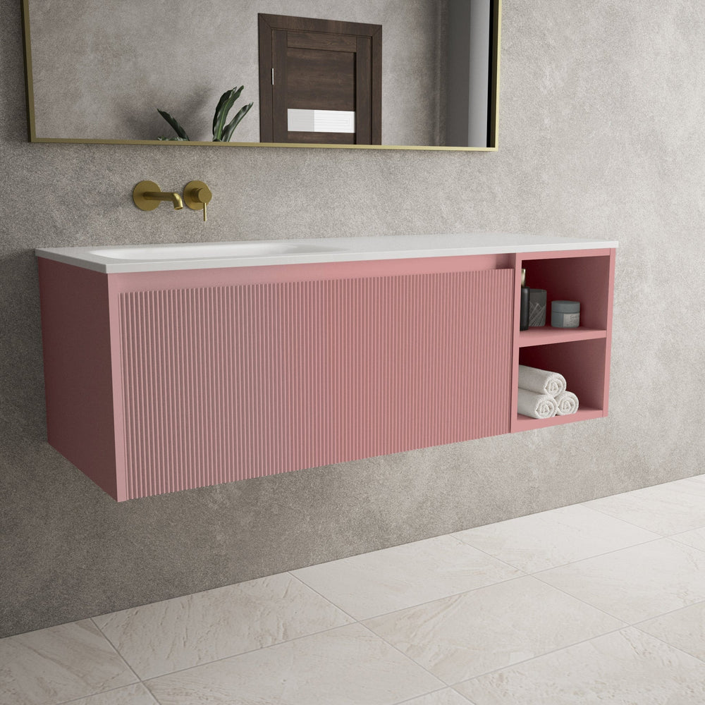 Scanalato Single Drawer Vanity Unit With Open Storage Space And Beyondstone Basin - Dusky Pink 1200mm